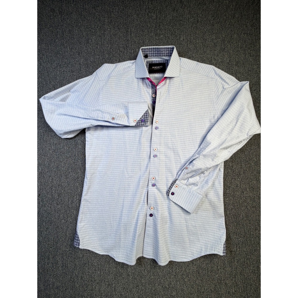 Maceoo Einstein Repeat Blue Jacquard Dress Shirt Mens Long Sleeve Pink Trim L